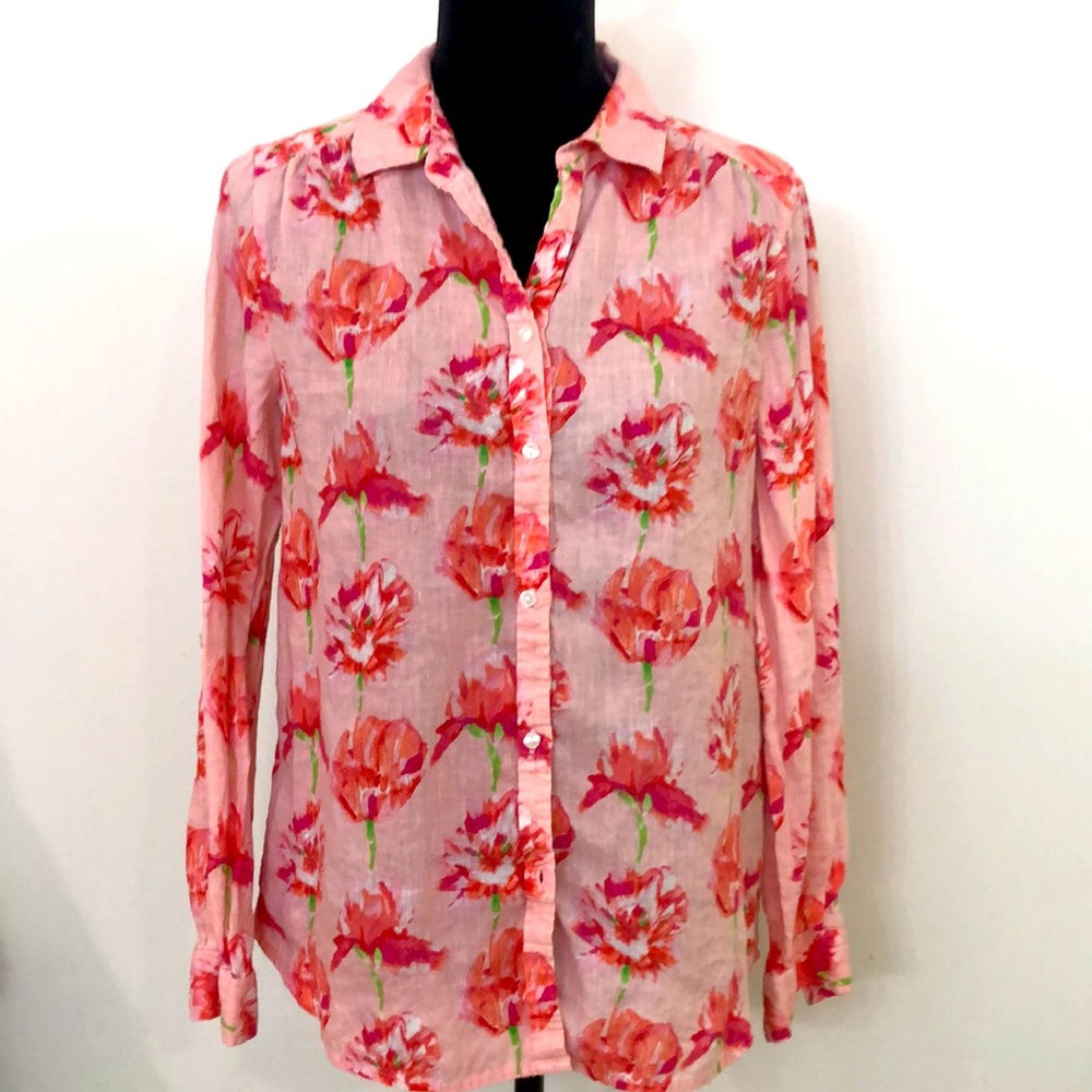 Charter Club Linen Pink Floral Print Button Down Blouse Spring Summer - Picture 2 of 8